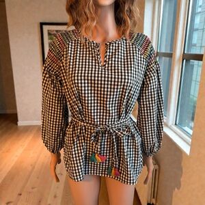 Madewell Gingham Embroidered Peasant Tunic Top Black & White Tassel Belt Small